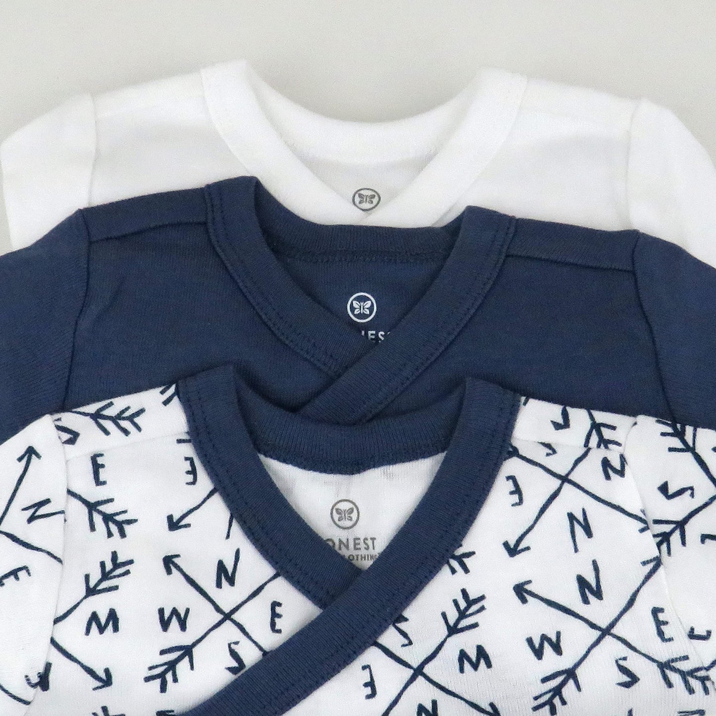 Honestbaby 3-Pack Organic Cotton Long Sleeve Side-Snap Kimono Bodysuits, Compass Blue, Newborn