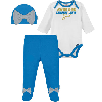 Nfl Baby Girls' 3Pc Bodysuit, Footed Pant, & Cap Set, Detroit Lions, 6-9 Months
