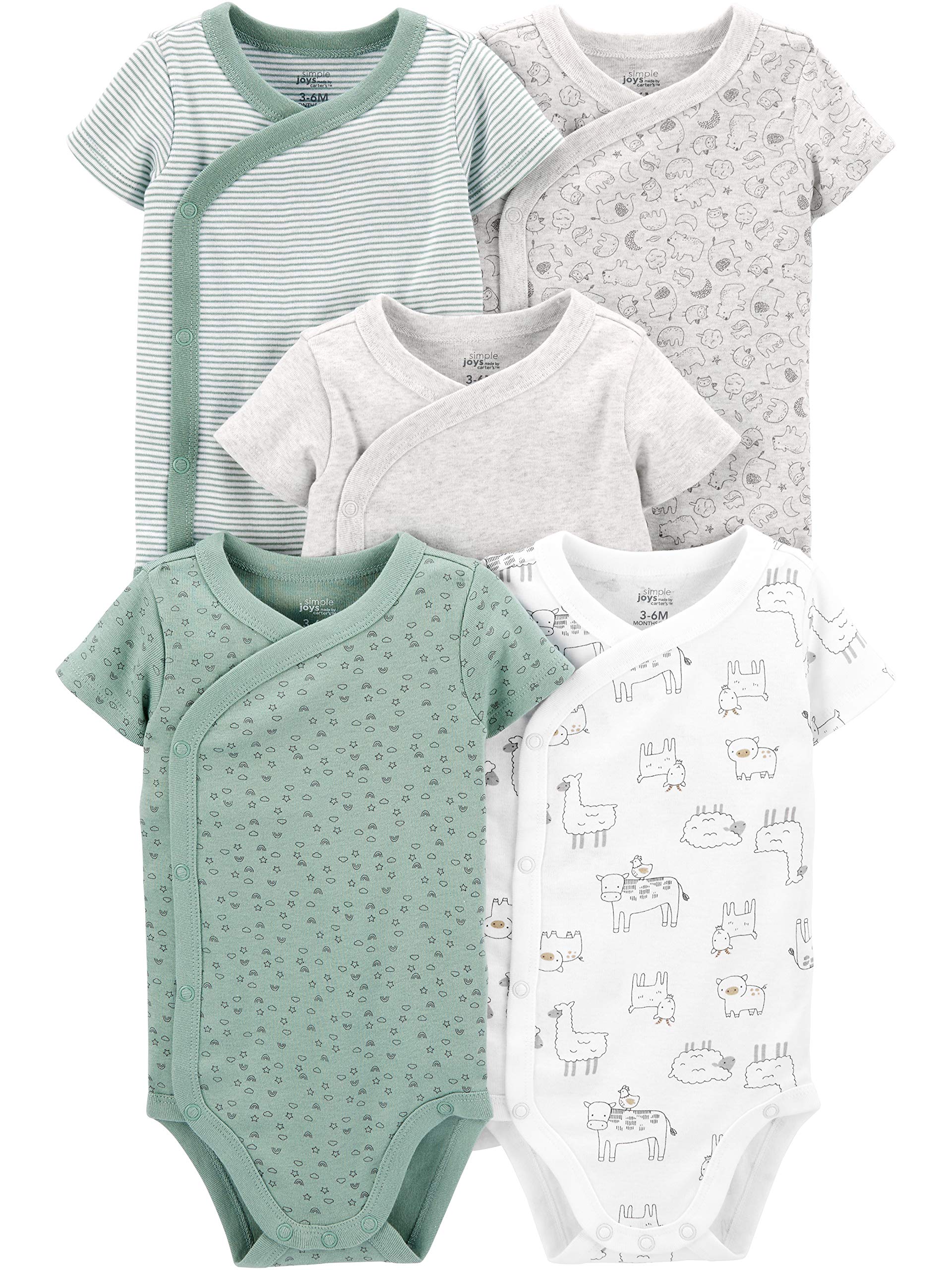 Simple Joys By Carter'S Unisex Babies' Short-Sleeve Bodysuit, Pack Of 5, Green/Grey Forest Animals/Light Green Stripe/Light Grey