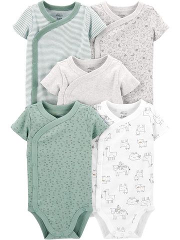 Simple Joys By Carter'S Unisex Babies' Short-Sleeve Bodysuit, Pack Of 5, Green/Grey Forest Animals/Light Green Stripe/Light Grey