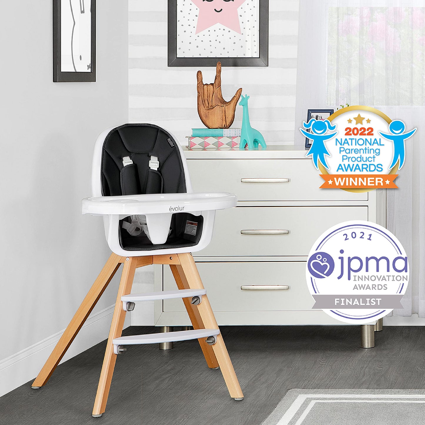 Evolur Zoodle 2 in 1 Convertible Baby High Chair, Black, Easy to Clean, Adjustable & Removable Tray, Compact & Portable, Foldabl