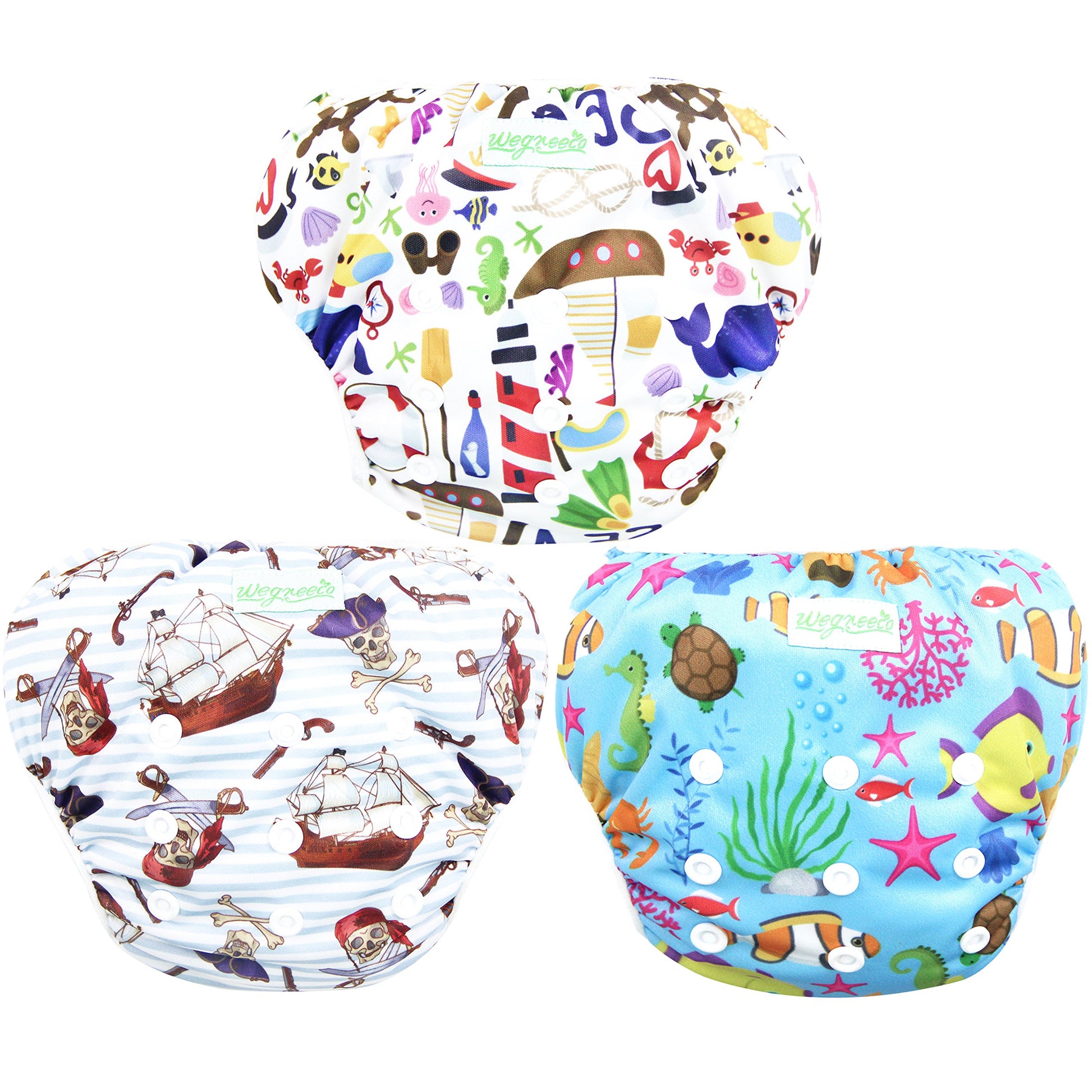 wegreeco Baby & Toddler Snap One Size Adjustable Reusable Baby Swim Diaper (Sealife,Large,3 Pack)