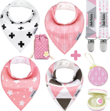 Dodo Babies Baby Bandana Drool Bibs For Girls + 2 Pacifier Clips + Pacifier Case In A Gift Bag, Pack Of 4 Premium Quality, Excel