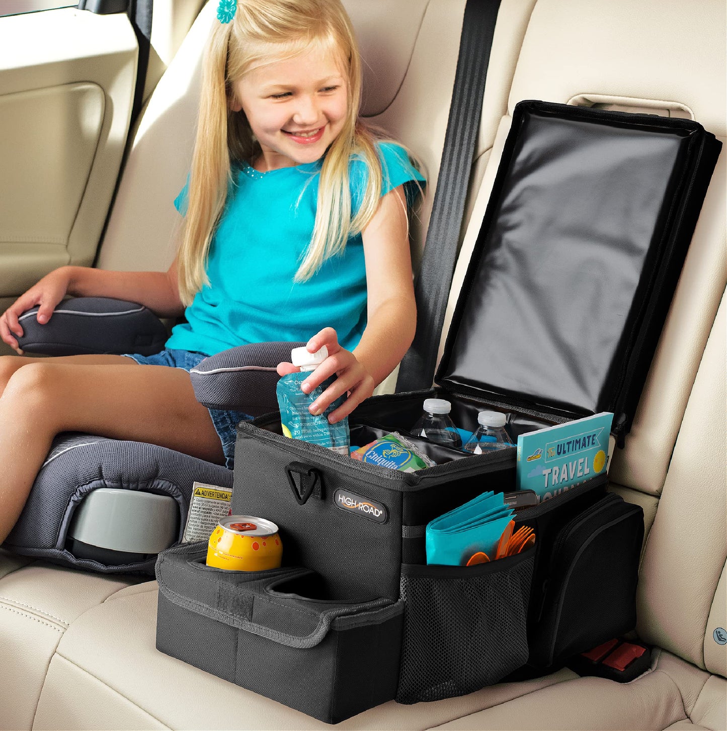 High Road CarHop Car Organizer for Kids and Passenger Seat Organizer for Adults - Road Trip Cooler with Car Cup Holder Tray and