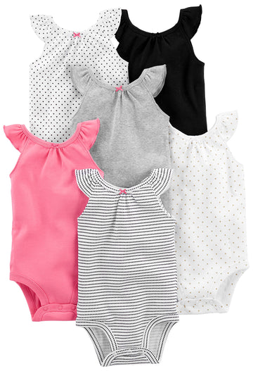 Simple Joys By Carter'S Baby Girls' 6-Pack Short-Sleeve Bodysuit, Multicolor/Dots/Hearts, Newborn