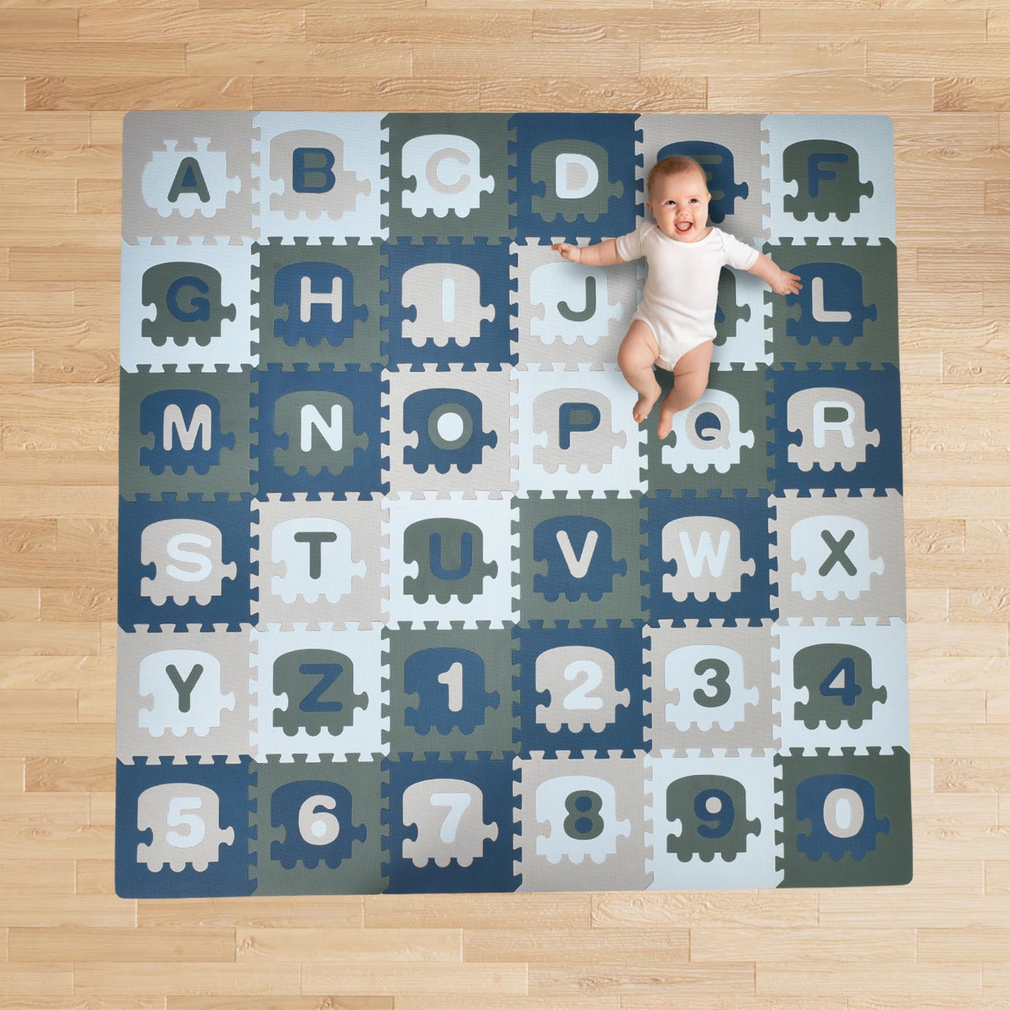 CHILDLIKE BEHAVIOR Baby Play Mat - 72x72-Inch Soft Foam Interlocking Tiles with ABC and Numbers - Educational Activity Mat for C