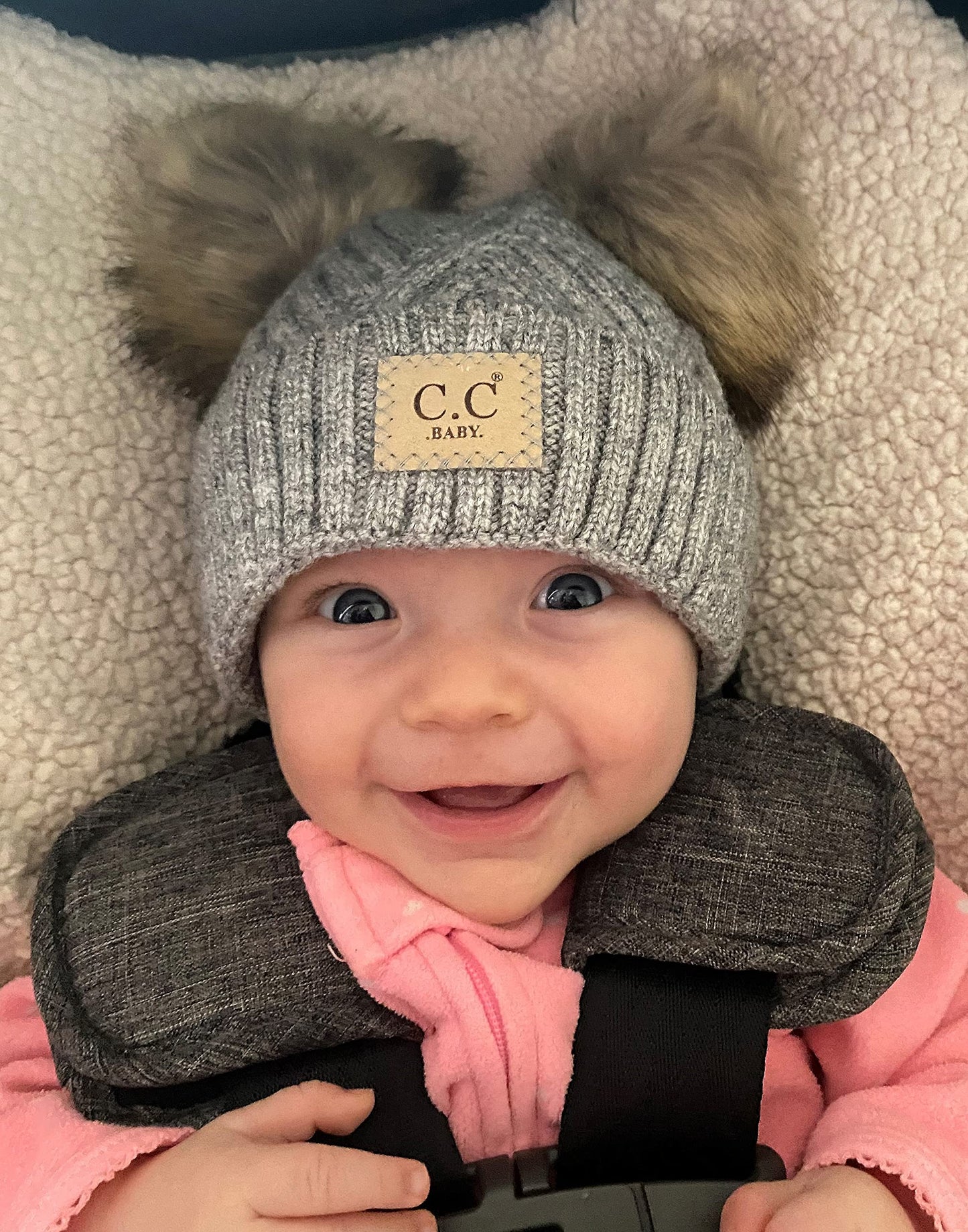 Funky Junque Baby Girl Winter Hat Double Pom Pom Beanie For Infants - Heather Grey