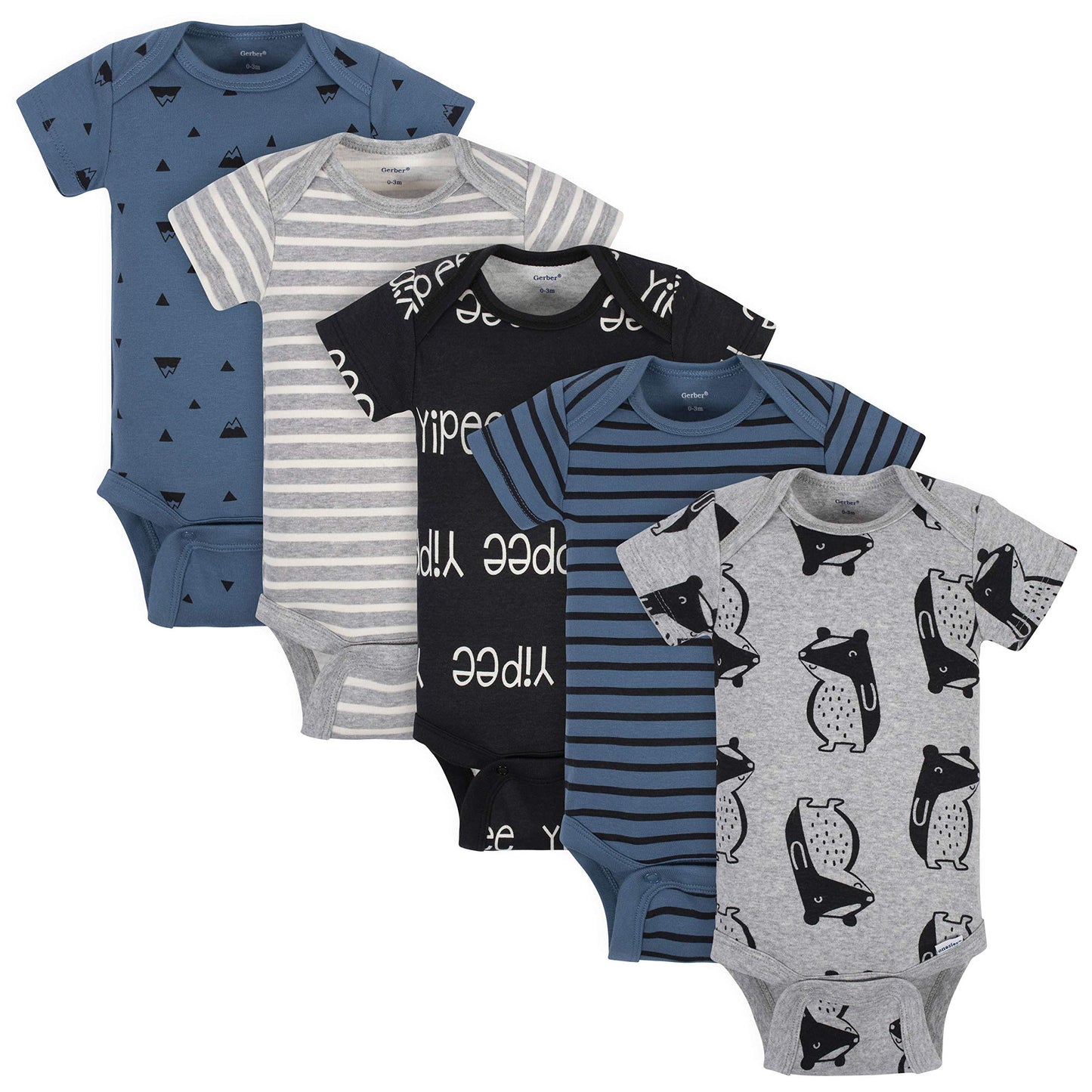 Grow by Gerber Baby Boys 5-Pack Short-Sleeve Onesies Bodysuits, Black/White/Grey/Blue, 12 Months