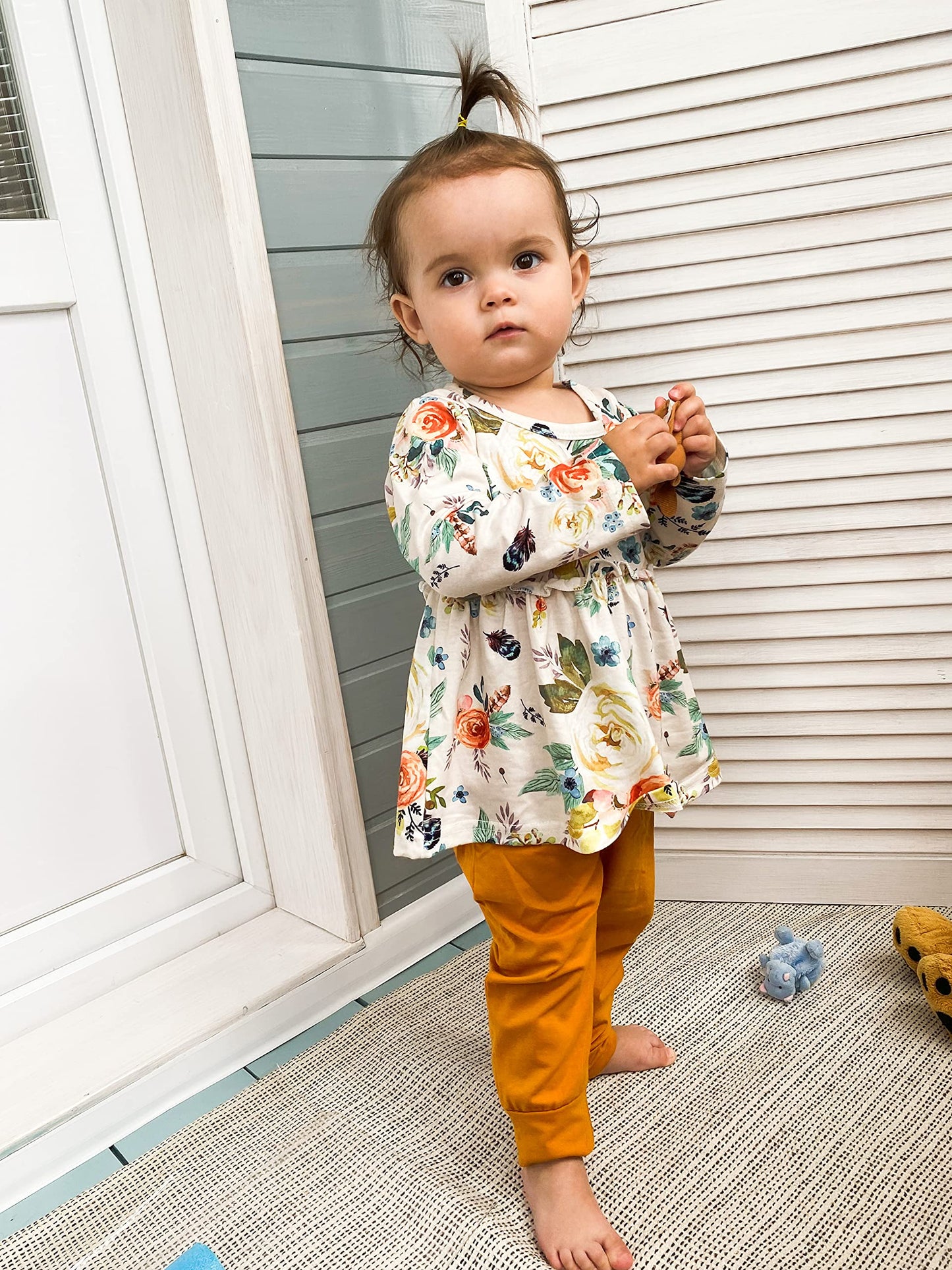 3Pcs Baby Girl Clothes Ruffle Floral Shirt Tops Pants Headband Outfit Sets (Yellow, 9-12 Months)