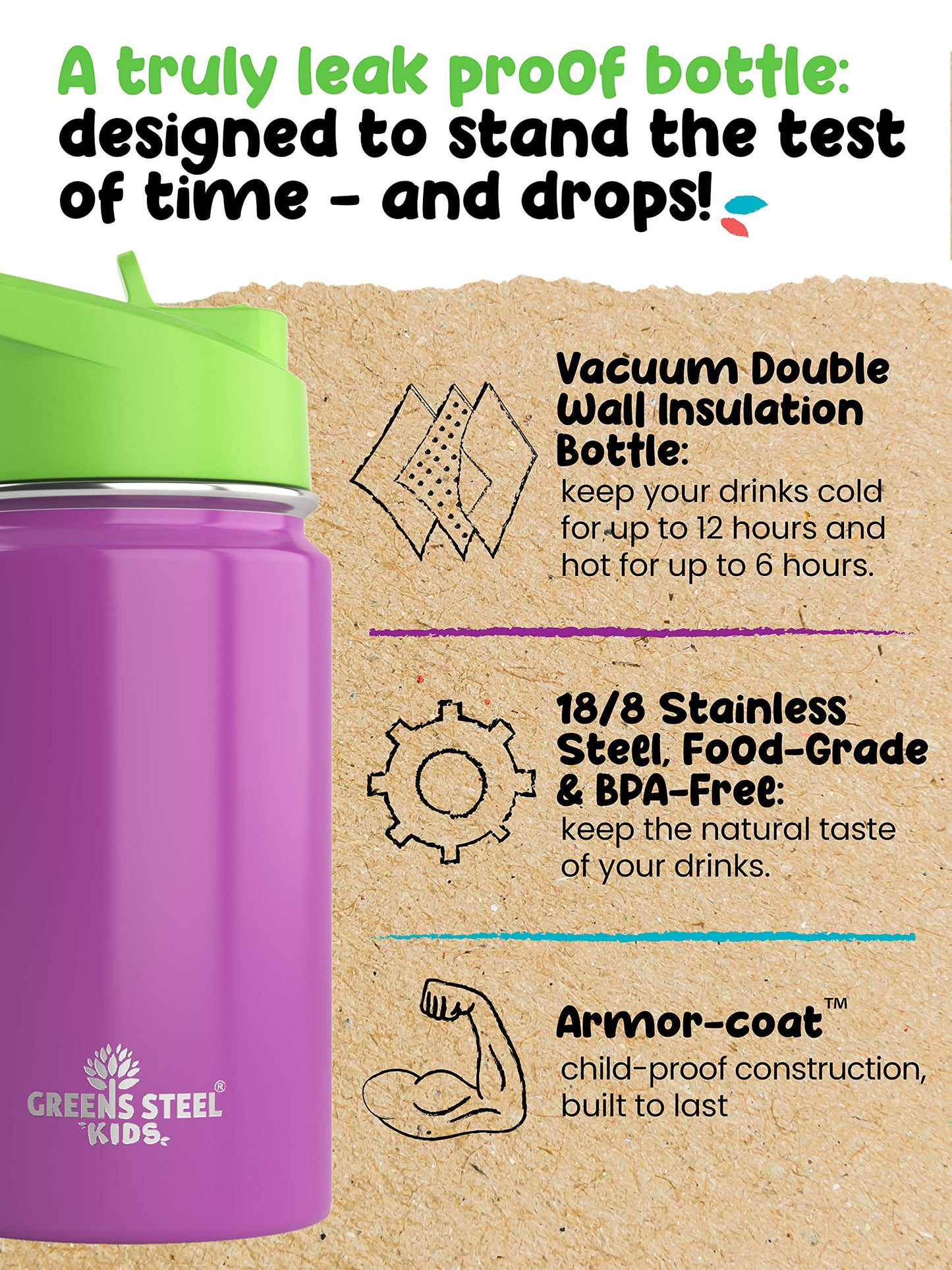 Kids Water Bottle - 12Oz Purple  Leak Proof With Straw & Handle  24 Hours Cold  Insulated, Double Wall Stainless Steel  Easy Sip