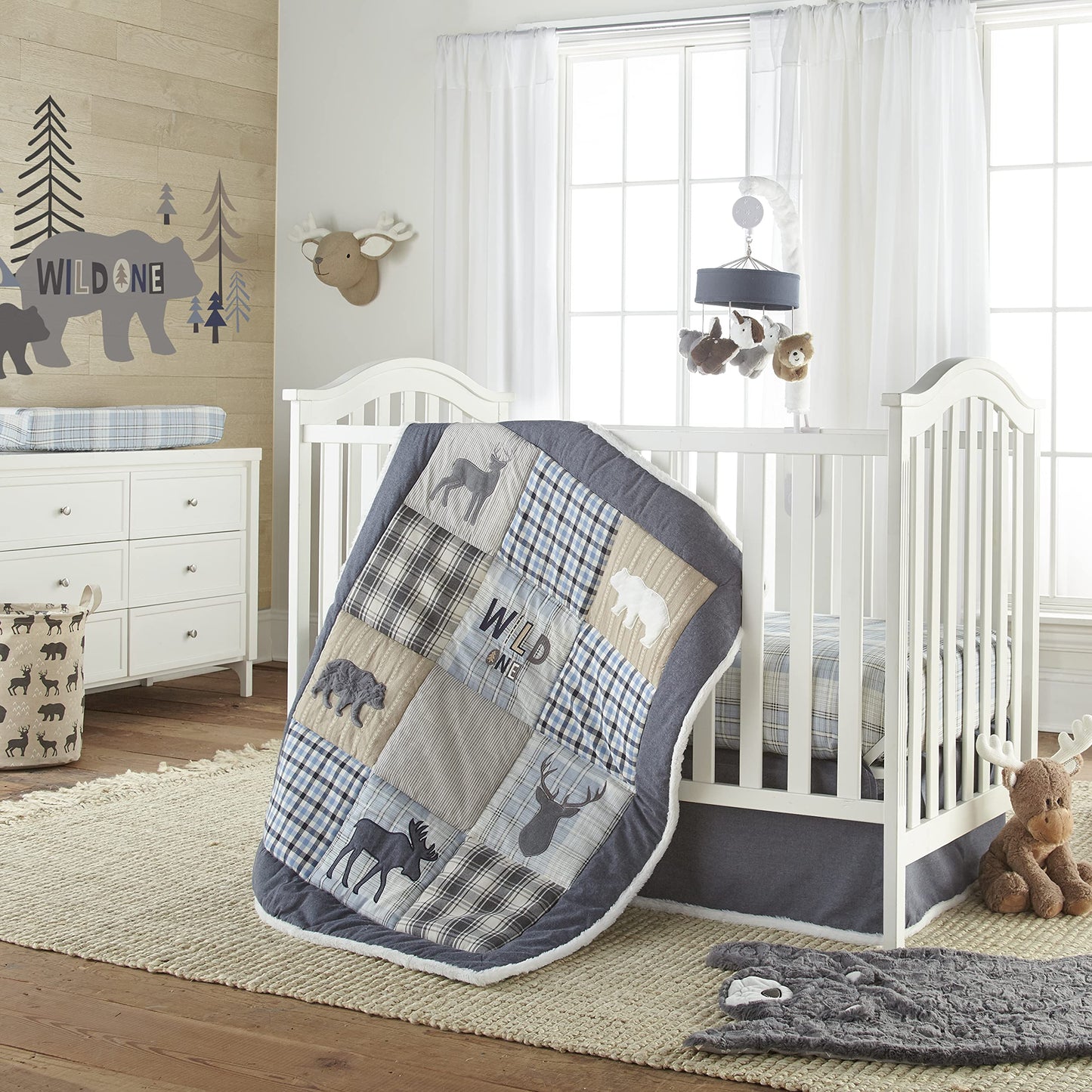 Levtex Baby - Logan Nursery Hamper - Round Fabric Storage Hamper - Bears And Deers - Taupe And Black - Nursery Accessories - Siz