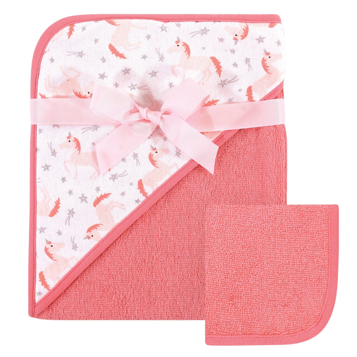 Hudson Baby Unisex Baby Cotton Hooded Towel And Washcloth, Unicorn, One Size