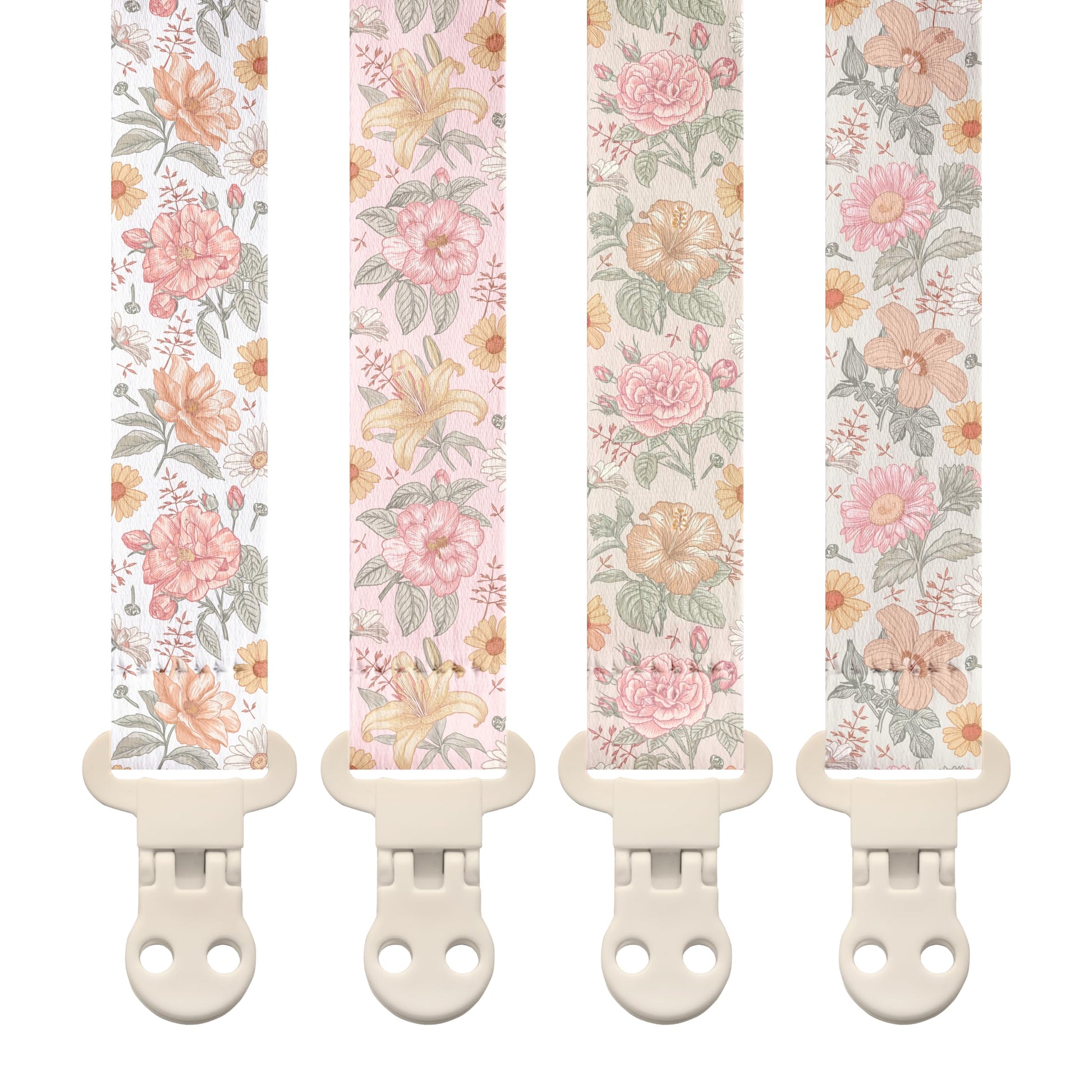 Stadela Baby Fabric Pacifier Clip Holder, Plastic Clip, 4-Pack, Flowers Pattern, Lilly Set