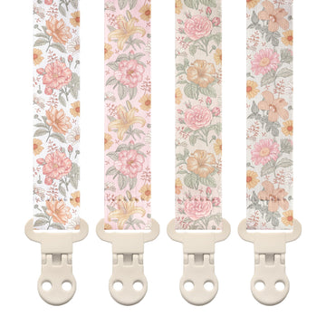 Stadela Baby Fabric Pacifier Clip Holder, Plastic Clip, 4-Pack, Flowers Pattern, Lilly Set
