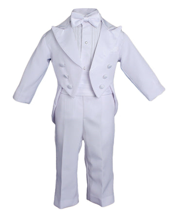 Baby Boys Formal White Poly Cotton 5 Piece Classic Tux Set With Tail - 6M