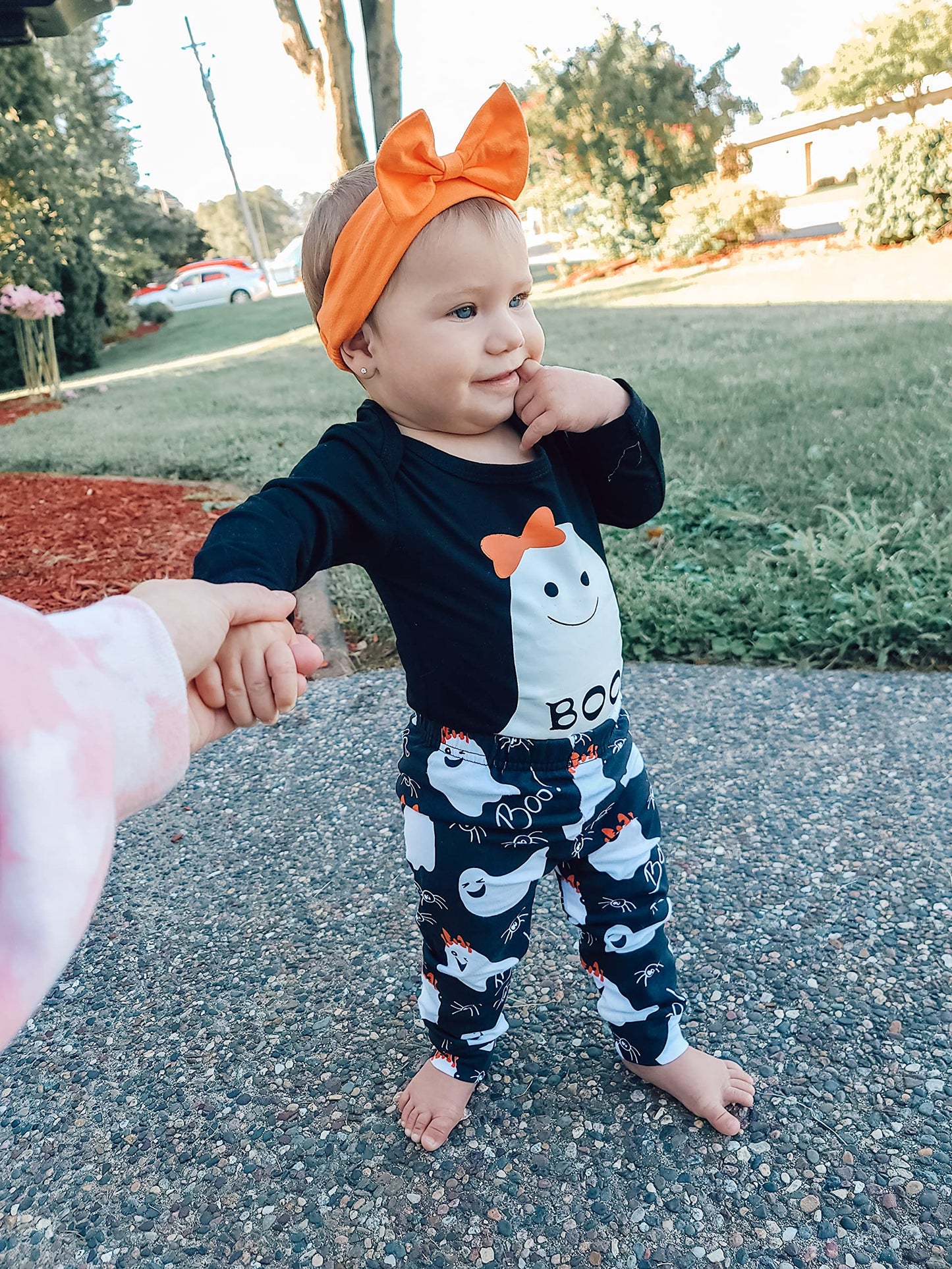 Hiha Baby Halloween Outfits Toddler Girls Boys One Piece Romper Ghost Pants Headband Halloween Clothes 3Pcs (Girls, 3-6Months)