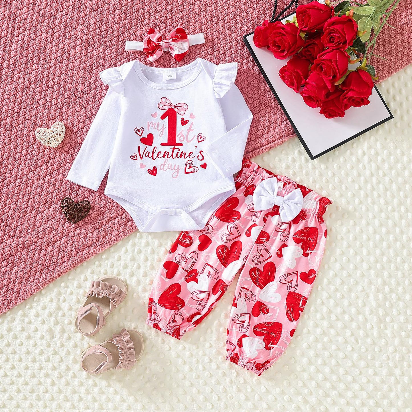 Wynato Newborn Infant Baby Girl My First Valentines Day Outfit Long Sleeve Onesie Romper Love Heart Print Pants And Headband (Pi