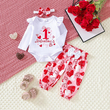 Wynato Newborn Infant Baby Girl My First Valentines Day Outfit Long Sleeve Onesie Romper Love Heart Print Pants And Headband (Va
