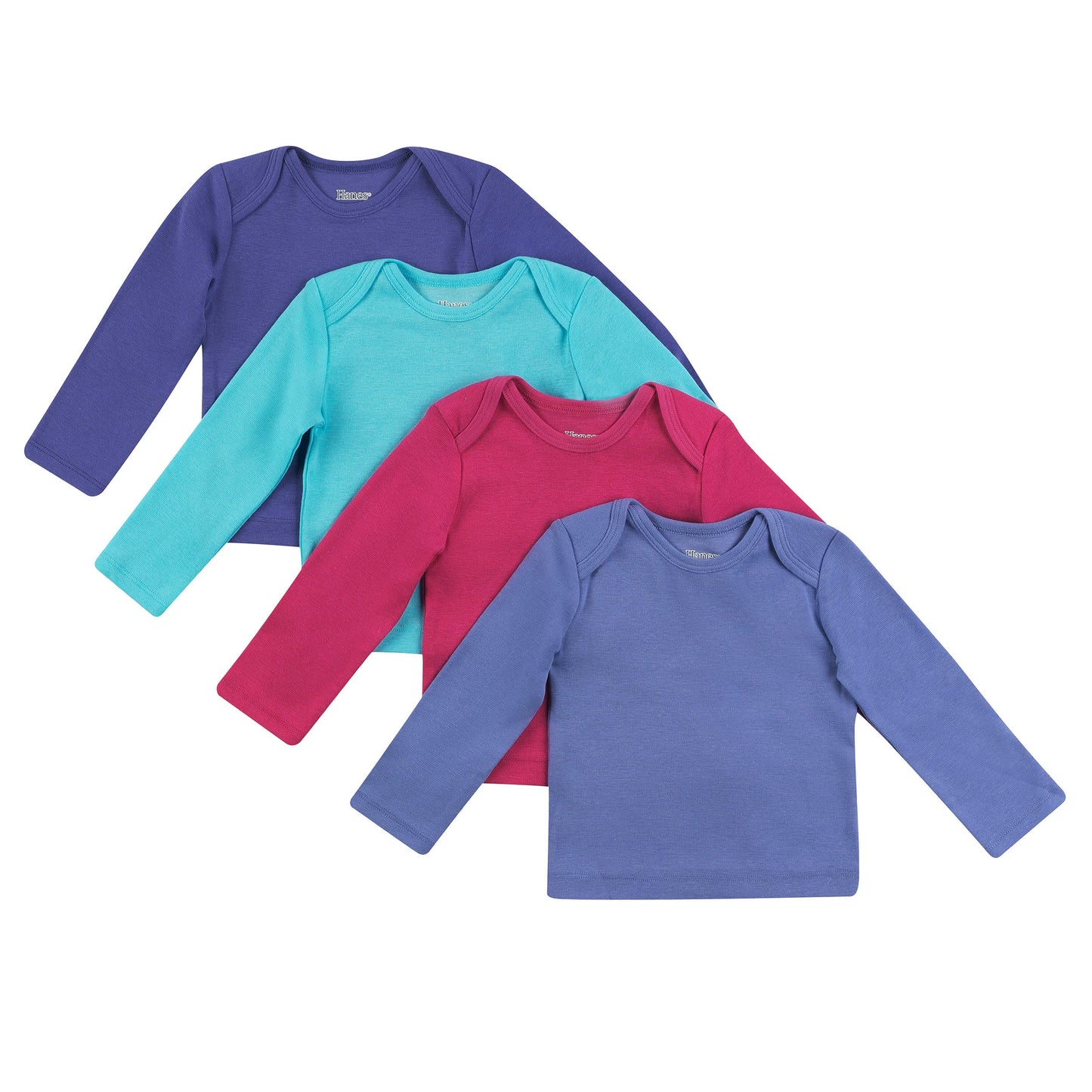Hanes Long-Sleeve Undershirt, Flexy Soft Knit Expandable Shoulder Pullover For Babies & Toddlers, 4-Pack, Pink Turq Purple Set,