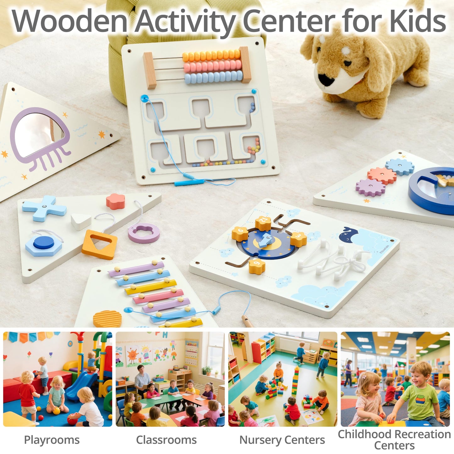 Pillowhale Tangram Activity Wall Busy Board Panels, 12-in-1 Learning Activity Center, Wooden Montessori Sensory Toys for Toddler