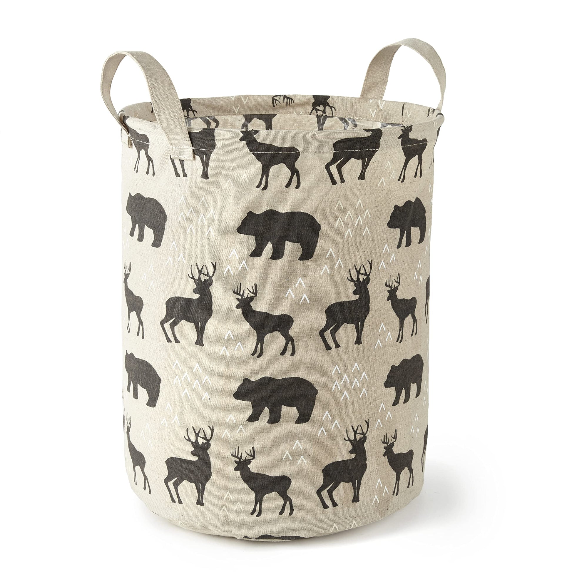 Levtex Baby - Logan Nursery Hamper - Round Fabric Storage Hamper - Bears And Deers - Taupe And Black - Nursery Accessories - Siz