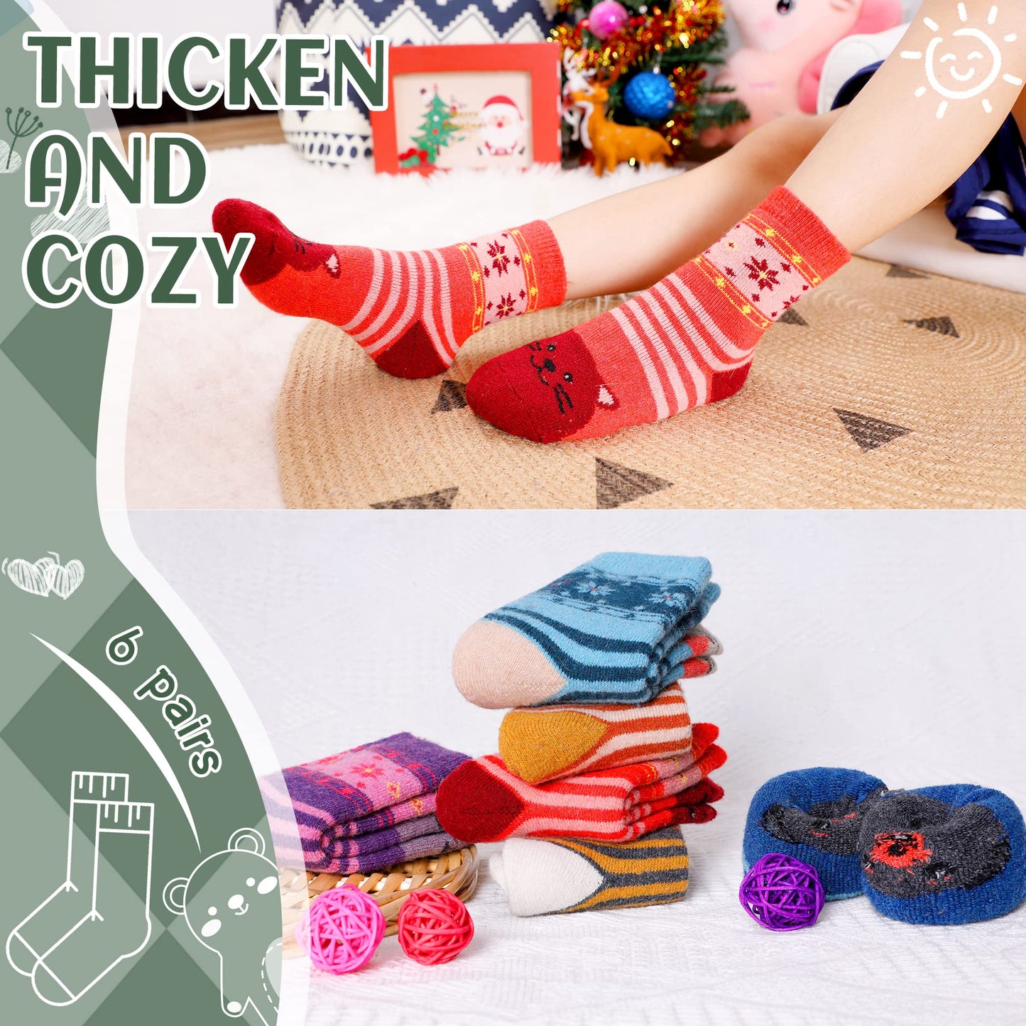 Children'S Winter Warm Wool Solid Color Socks Kids Boy Girls Thermal Crew Socks 6 Pairs (6 Pairs Snowflake Animal, 8-12 Years)