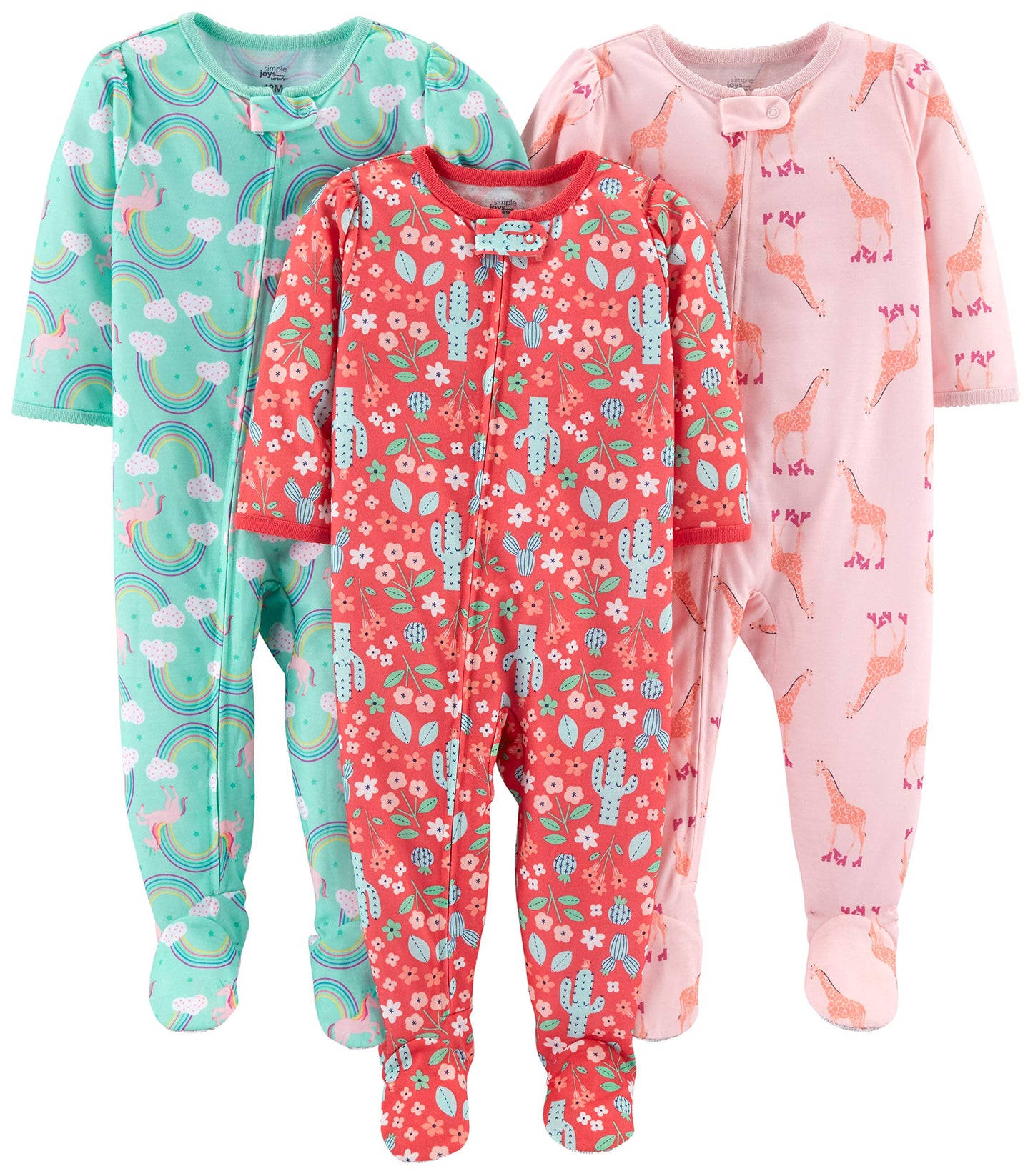 Simple Joys by Carters Toddler Girls 3-Pack Loose Fit Flame Resistant Polyester Footed Pajamas Sleepwear, giraffe/rainbow/flor