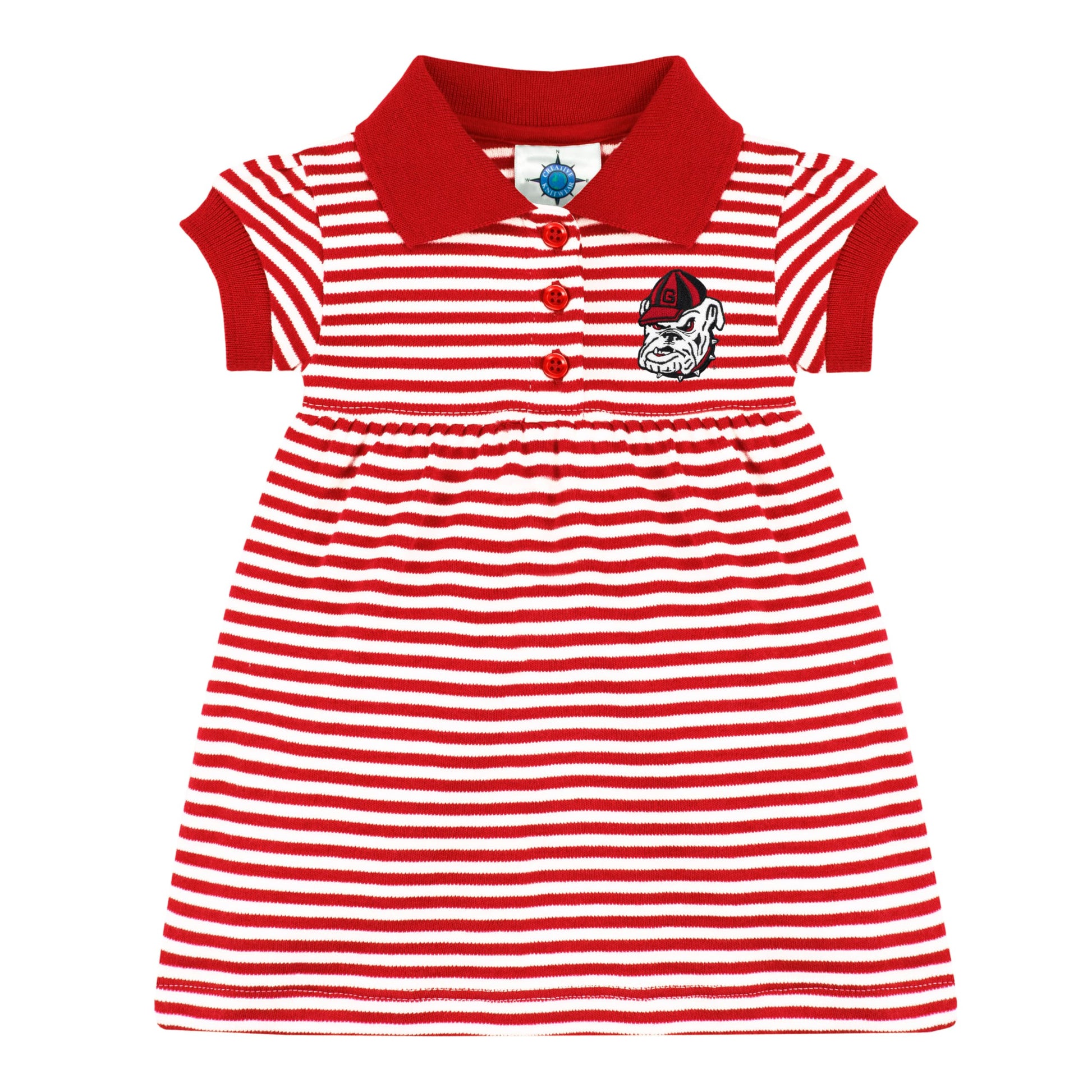 College Baby Striped Game Day Polo Dress With Bloomer - Georgia Bulldogs Bulldog Head Logo - Red/White - 12 Months