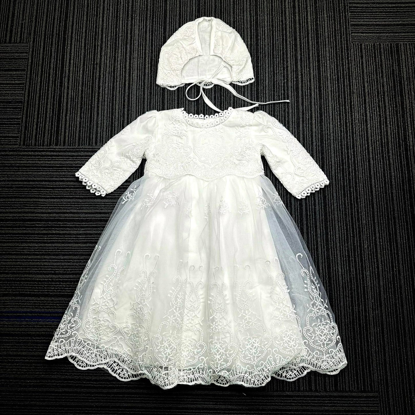 Baby Girls Long Sleeve Christening Dress Classic Embroidered Baptism Tulle Dress With Bonnet Ivory Size 6M