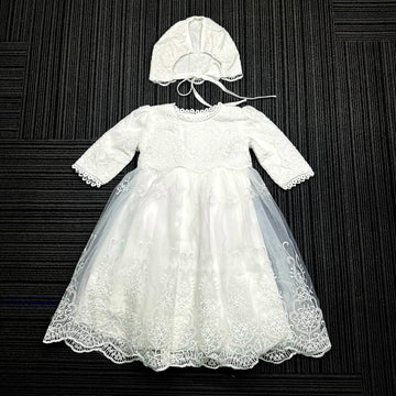 Baby Girls Long Sleeve Christening Dress Classic Embroidered Baptism Tulle Dress With Bonnet Ivory Size 6M