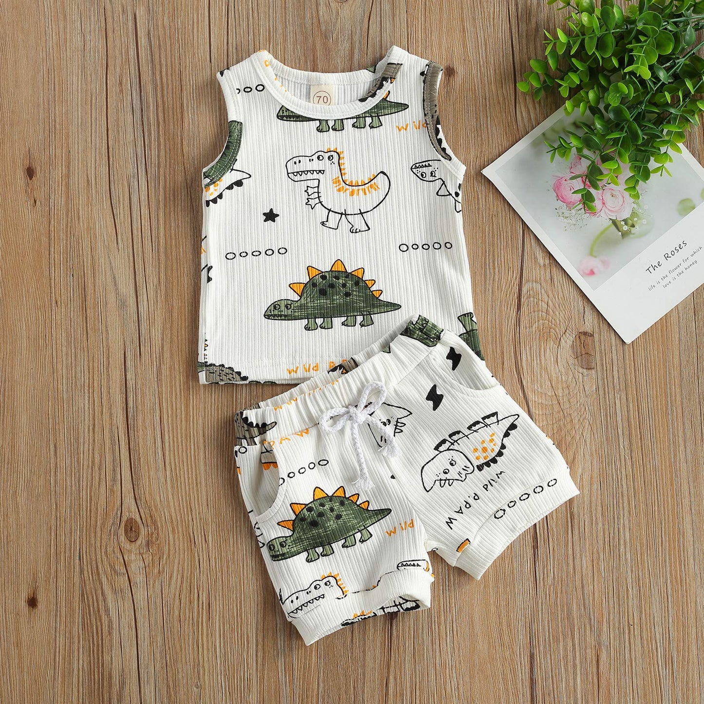 Newborn Baby Boys Summer Outfit Set Cartoon Dinosaur Print Sleeveless Tank Tops And Ribbed Shorts 2Pcs Clothes (White, 0-3 Month