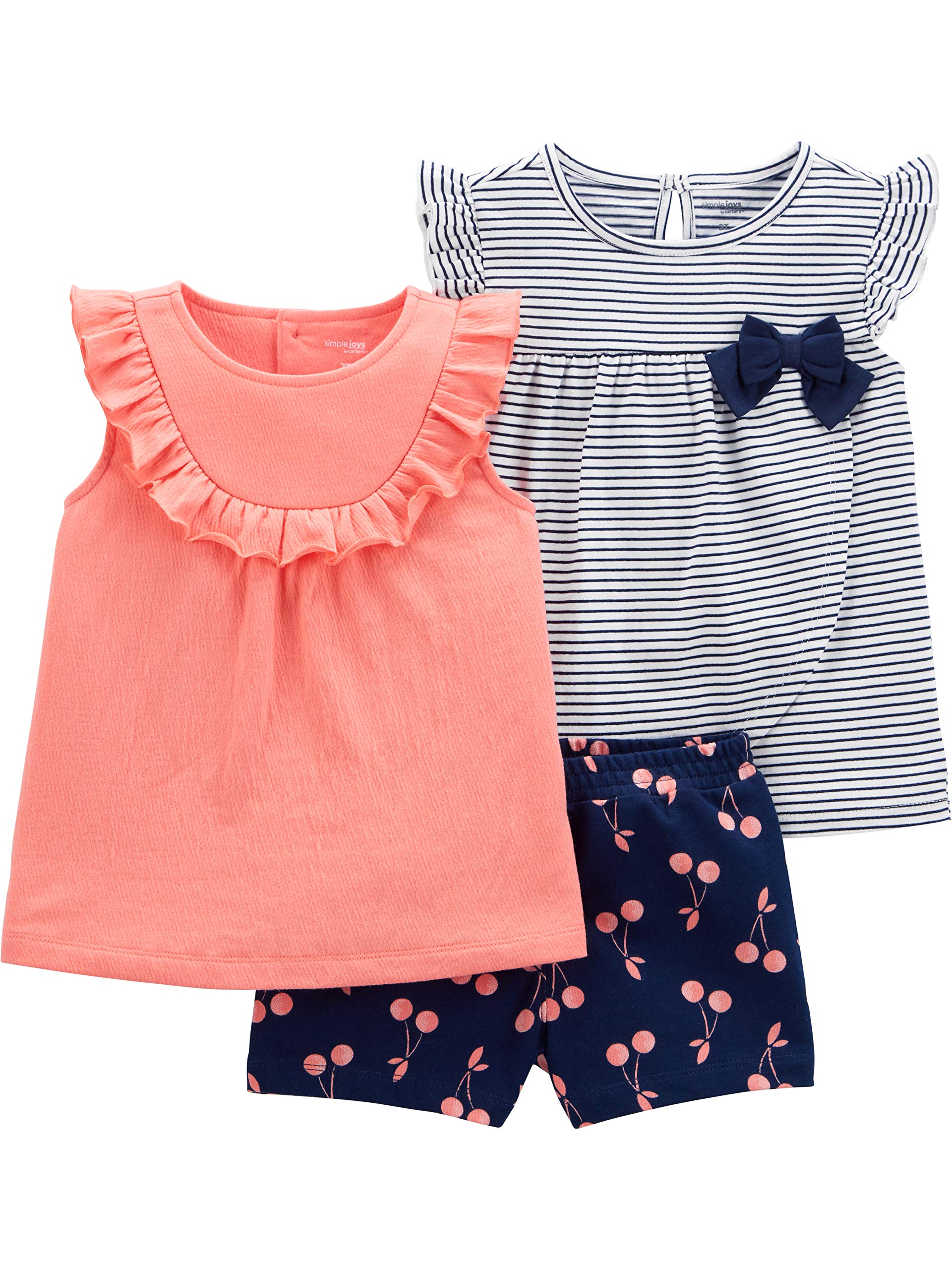 Simple Joys By Carter'S Toddler Girls' 3-Piece Playwear Set, Navy Stripe/Cherry/Peach, 5T