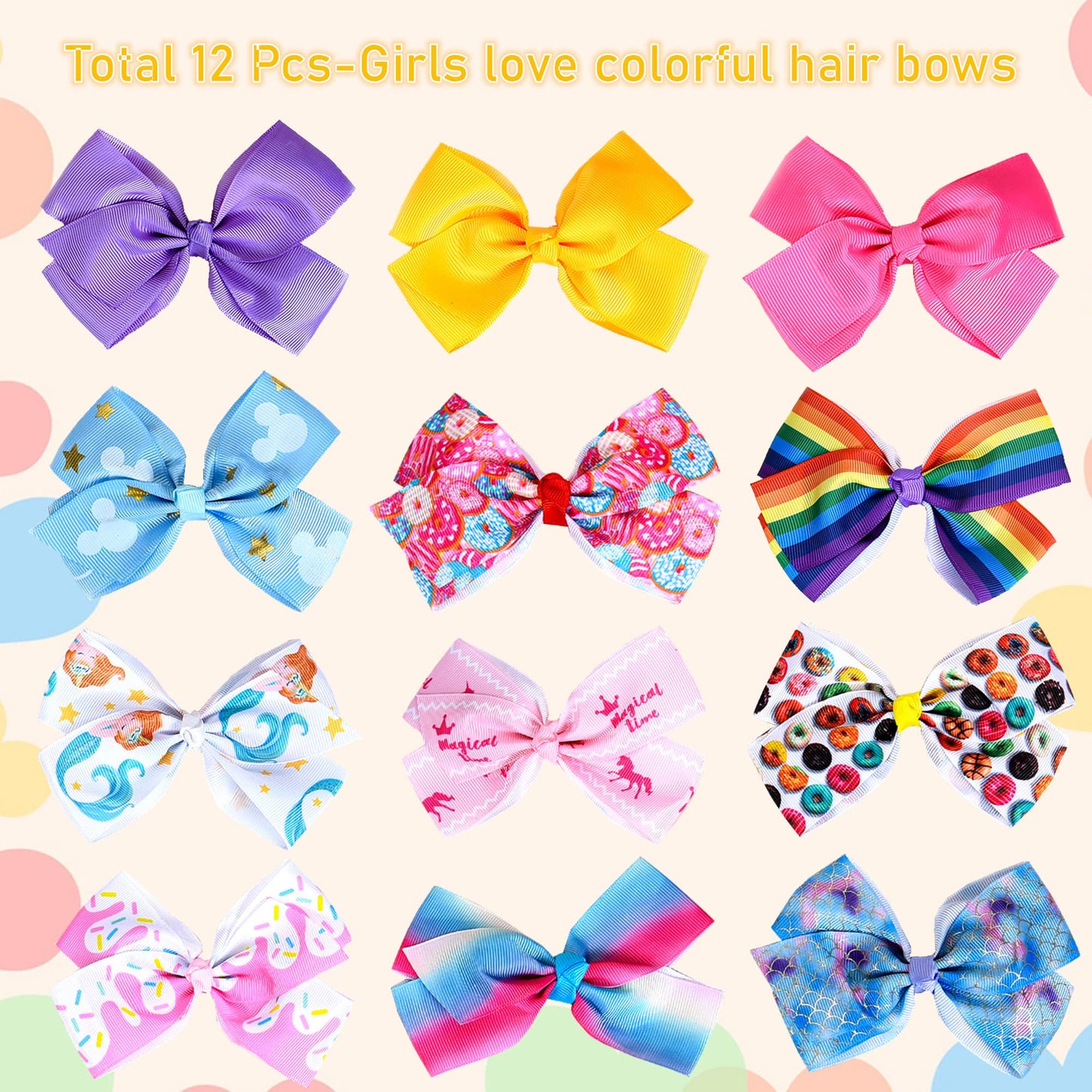 Eygla 12Pcs 5 Inch Hair Bows For Girls, Rainbow Grosgrain Ribbon Hair Bows Alligator Clips - 12 Multi Colors For Little Girls To