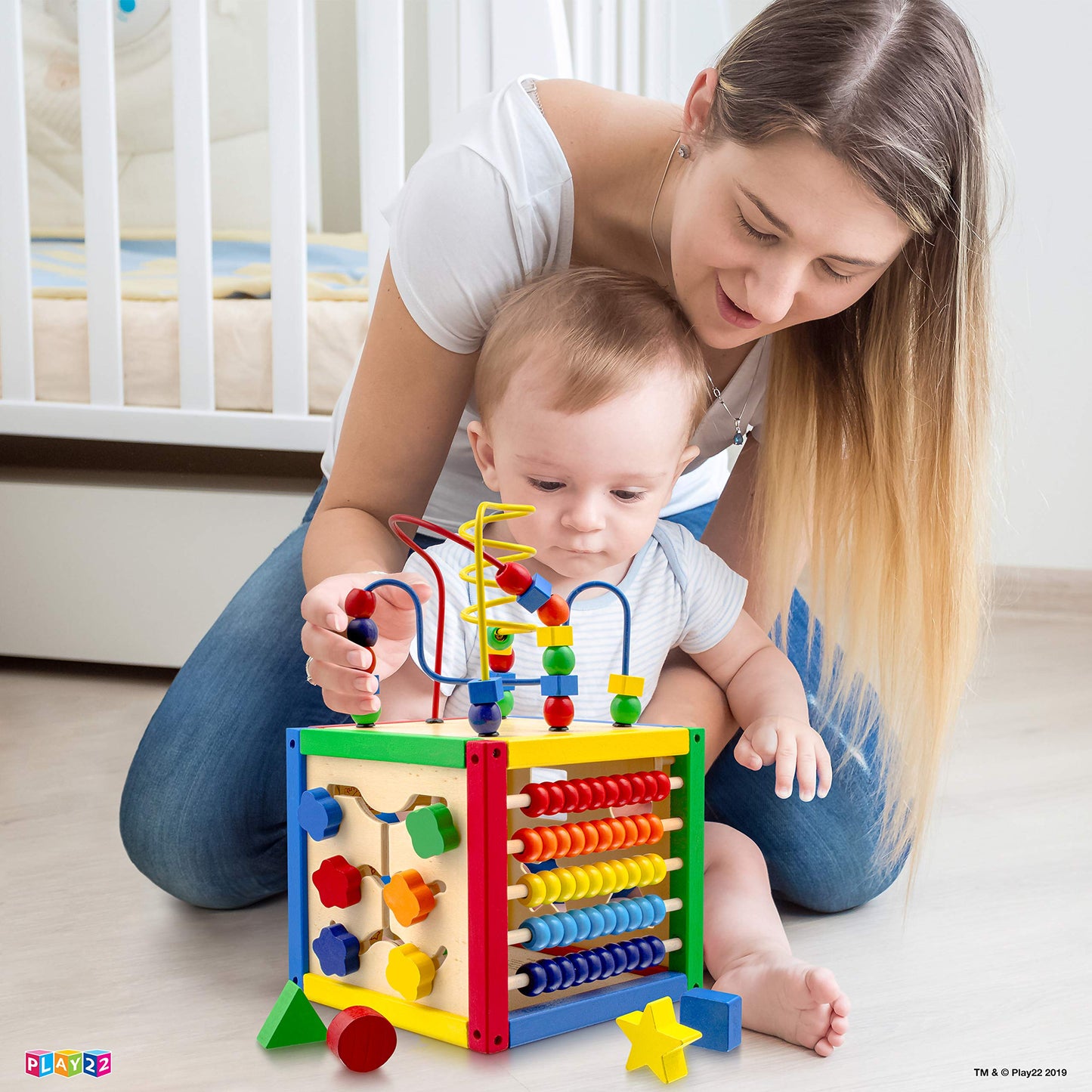 Wooden Activity Play Cube 6 in-1 for Baby with Removable Bead Maze, Shape Sorter, Abacus Counting Beads & Numbers, Sliding Shape