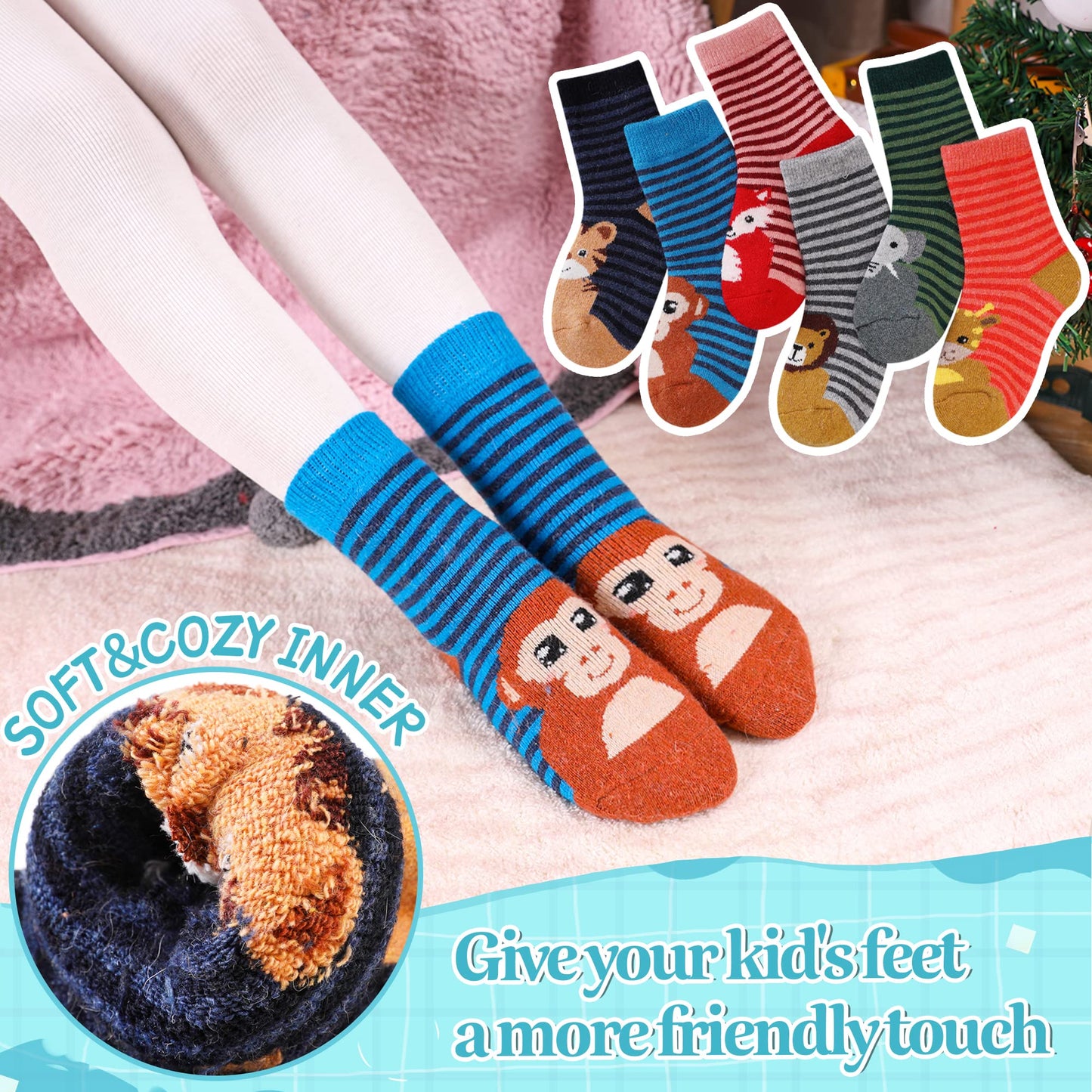 Eocom 6 Pairs Children'S Winter Warm Wool Animal Crew Socks Kids Boys Girls Socks (Stripe Animal, 1-3T)