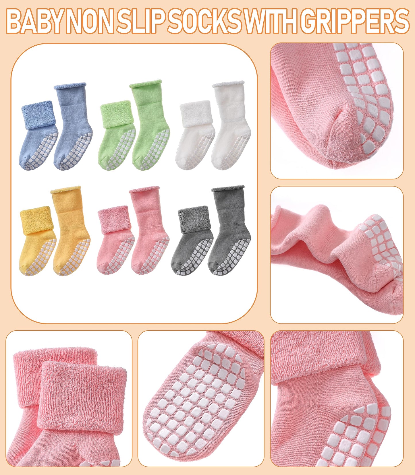 Lanleo Baby Girls Boys Non Slip Socks With Grips Toddler Kids Unisex Warm Thick Cotton Ankle Crew Socks With Grippers 6 Pairs Co