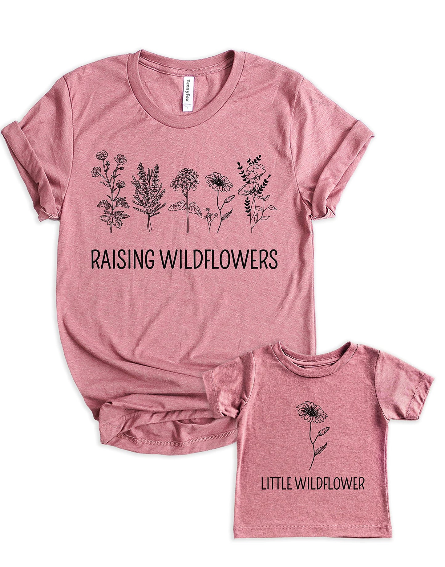 Teeny Fox Raising Wildflowers Little Sunflower Mother Daughter Matching Outfits Mom And Me Cute Family Shirts
