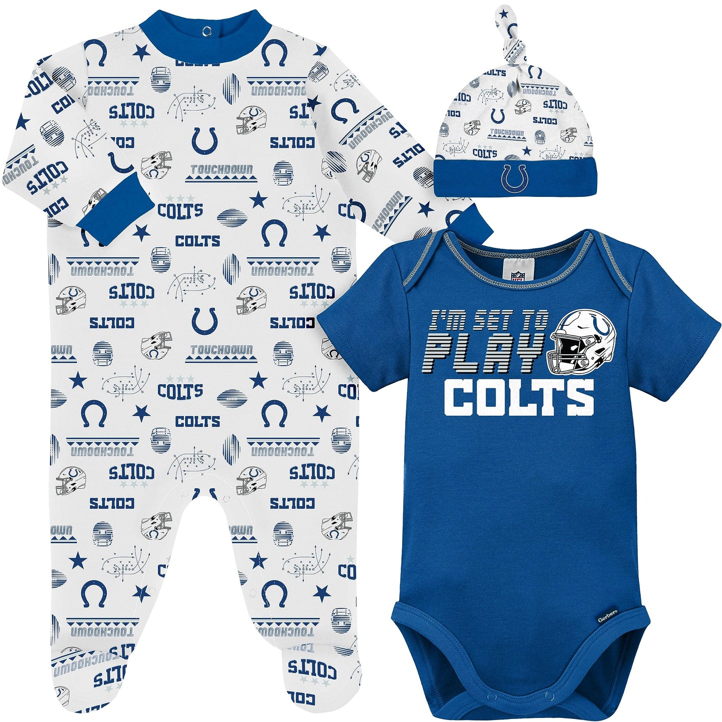 Gerber Nfl Baby Boys' 3-Pack Bodysuit, Sleep 'N Play, & Cap Set, Indianapolis Colts, 0-3 Months