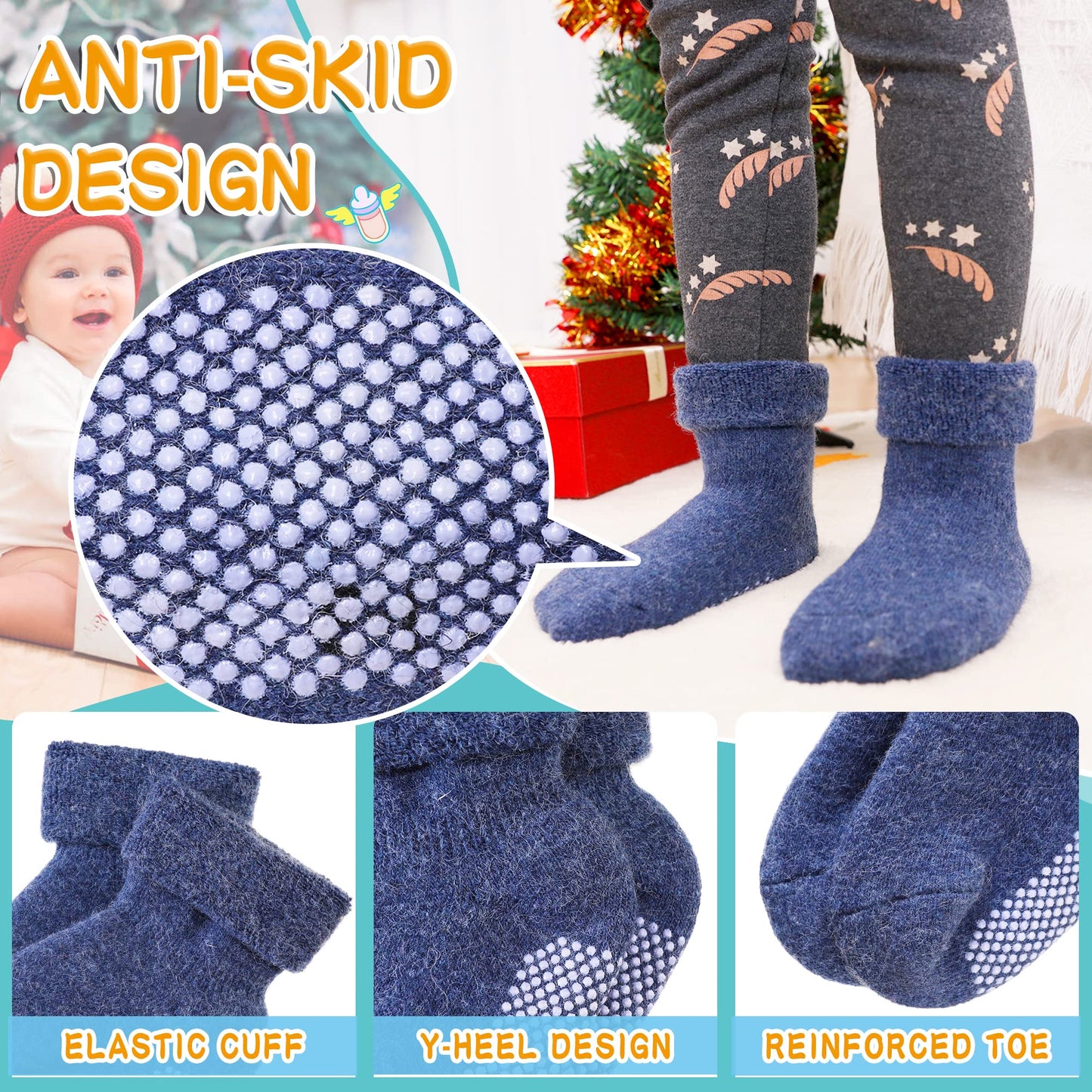 Eyean Baby Wool Grip Sock Soft Winter Warm Thick Non Slip Toddler Boy Girls Crew Socks For Children 6 Pairs (Solid Color, 3-5Yea