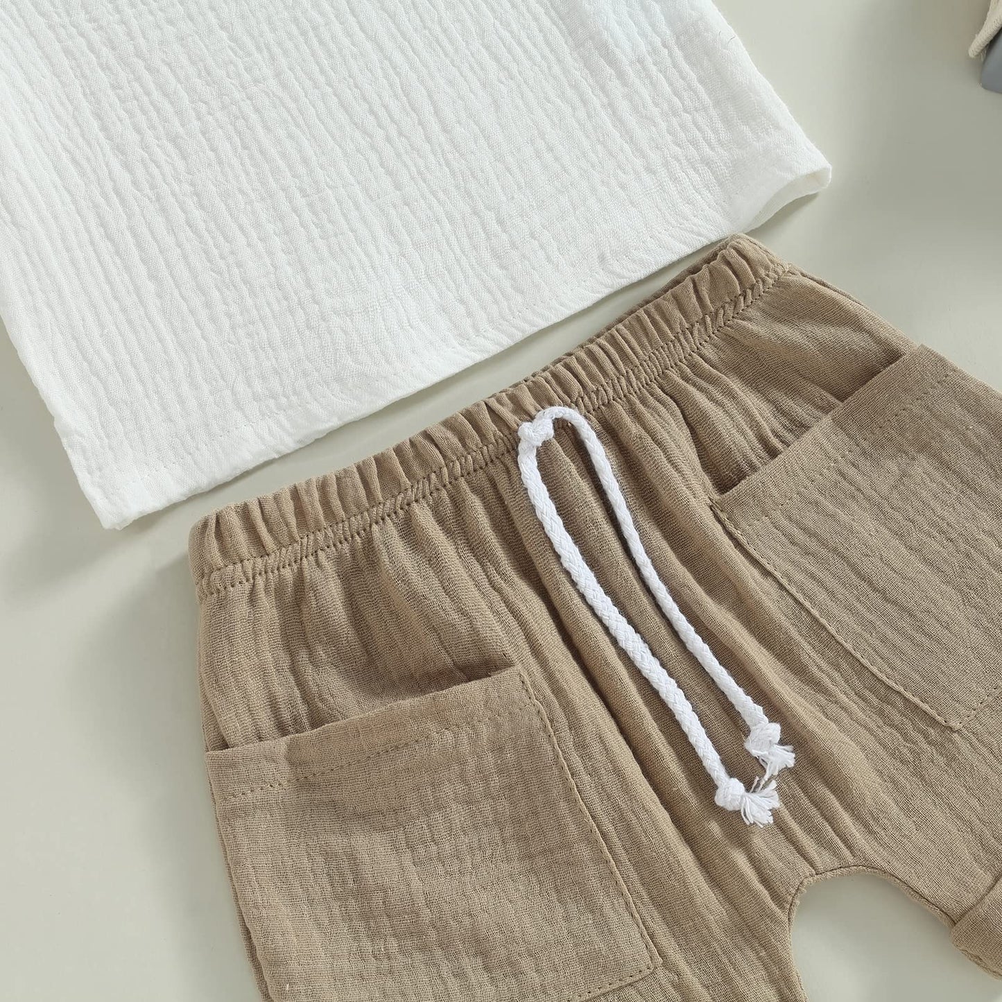 Fhutpw Baby Boys 2Pcs Summer Outfits Short Sleeve T-Shirt Tops Elastic Waistband Shorts Set Toddler Clothes (Linen White + Light
