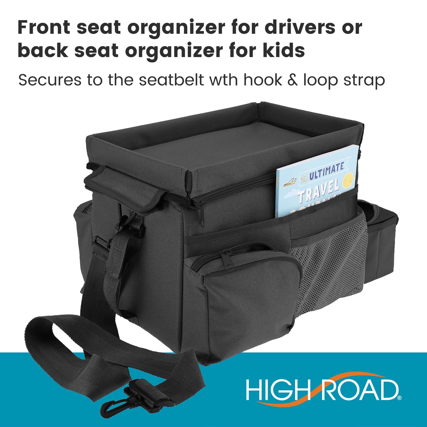 High Road CarHop Car Organizer for Kids and Passenger Seat Organizer for Adults - Road Trip Cooler with Car Cup Holder Tray and