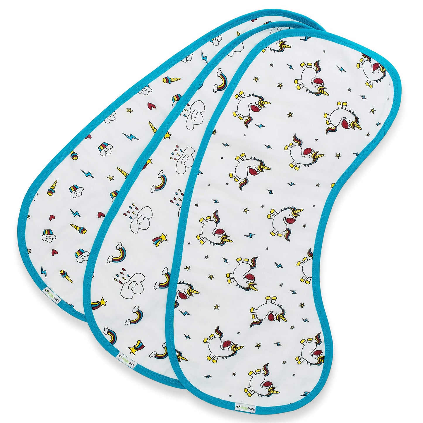 Ziggy Baby Muslin Burp Cloths, Burpy Bib Set (3 Pack) Unicorn, Rainbow, Cupcake