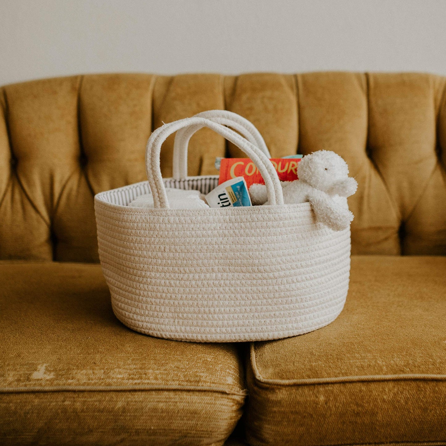 Parker Baby Rope Diaper Caddy Organizer - Nursery Storage Bin and Car Organizer for Diapers and Baby Wipes - Diaper Organizer fo