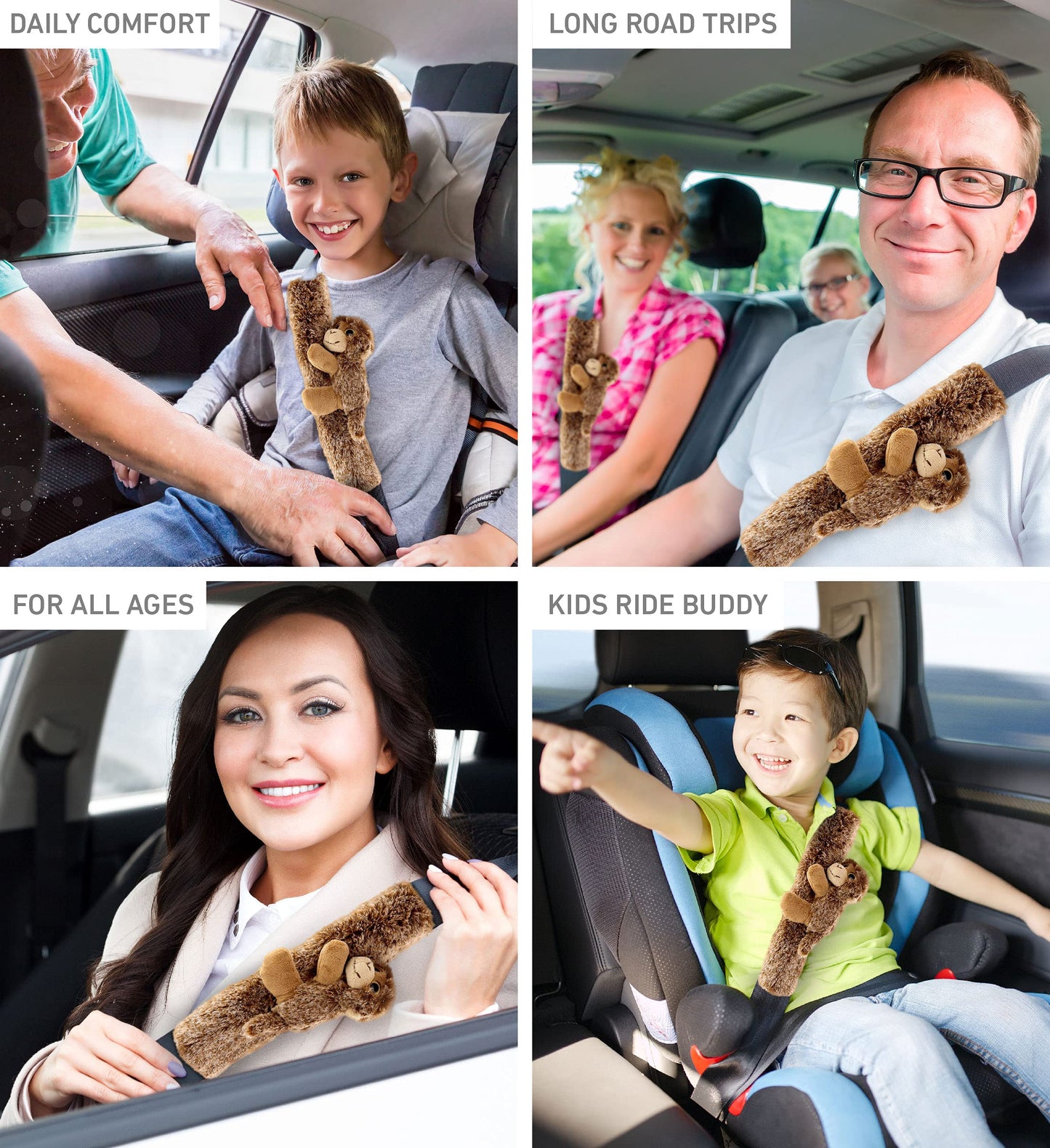 Dollibu Brown Monkey Plush Car Seatbelt Cover - Soft Fluffy Cushion Support For Safety Seat Belt Strap Cover, Decorative Wild Li