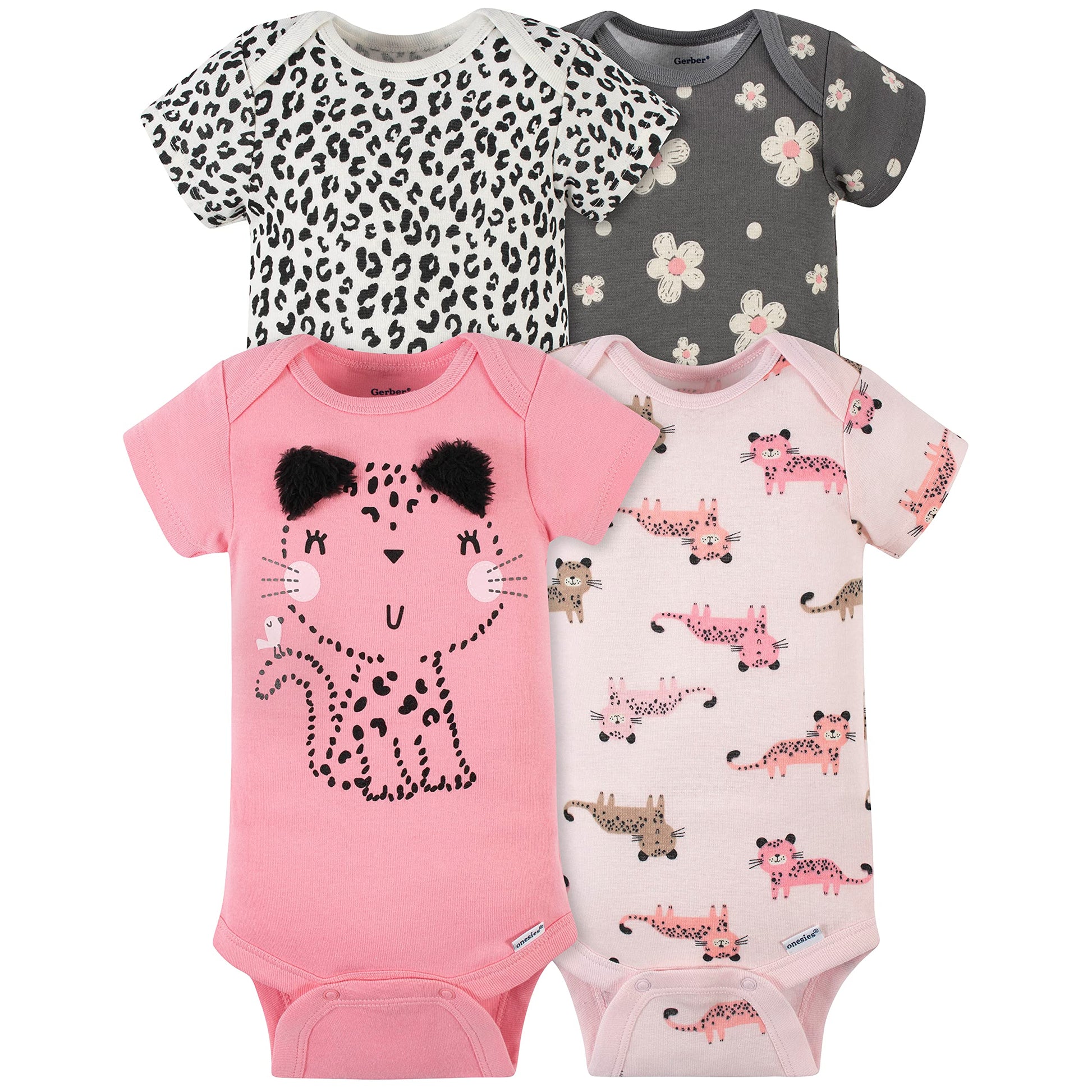 Gerber Baby Girls' 4-Pack Short Sleeve Onesies Bodysuits, Leopard Pink, Newborn