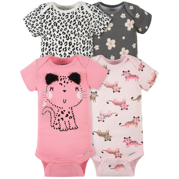Gerber Baby Girls' 4-Pack Short Sleeve Onesies Bodysuits, Leopard Pink, Newborn