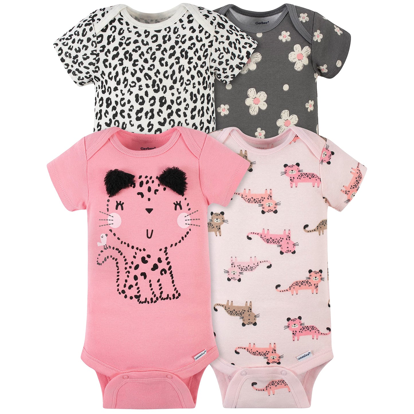 Gerber Baby Girls' 4-Pack Short Sleeve Onesies Bodysuits, Leopard Pink, 3-6 Months