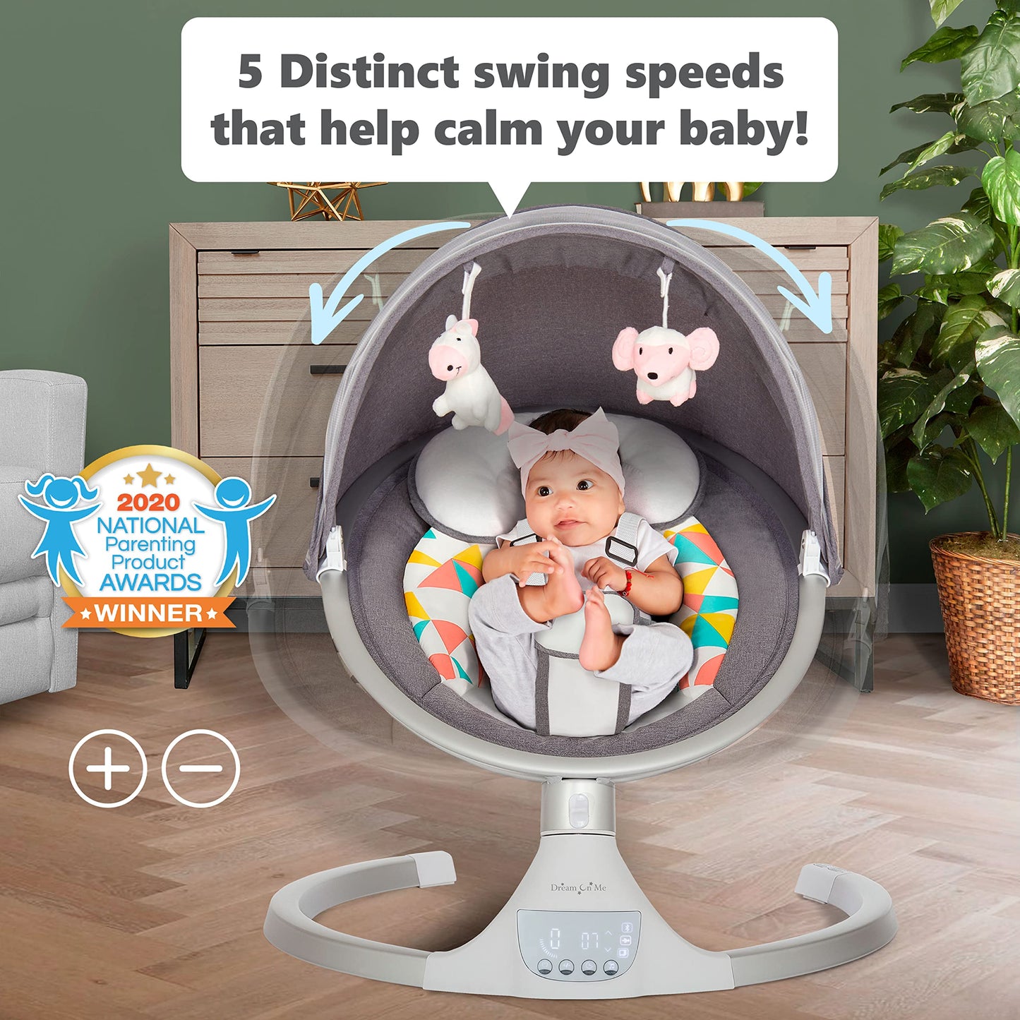 Dream On Me Zazu Baby Swing, Baby Swing For Infant, 5- Swinging Speed, Two Attached Toys, Bluetooth Enabled And Remote Control,