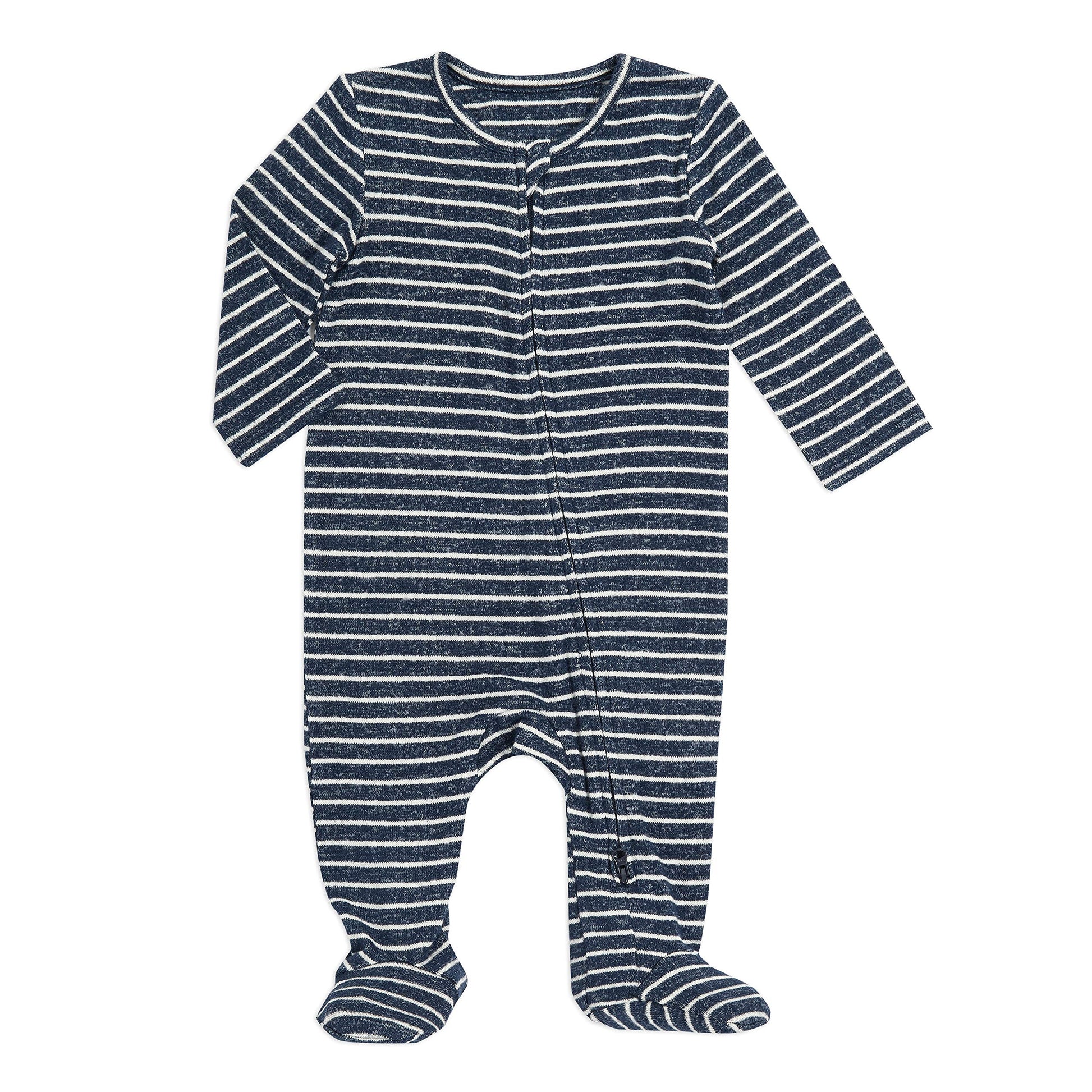 Aden + Anais Snuggle Knit Baby Boy Long Sleeve Zipper, One-Piece Footed Sleeper, Navy Stripe, 6-9M