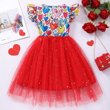 Girls Valentines Day Dress Heart Tulle Tutu Outfit Kids Summer Clothes Birthday Princess Dress Ruffle Sleeve Sparkly Sequin Tutu